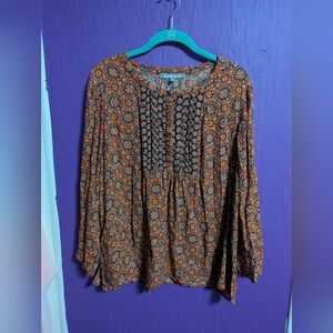 💜 Daniel Rainn Orange Pink Floral 1/4 Button Long Sleeve Blouse XL 16